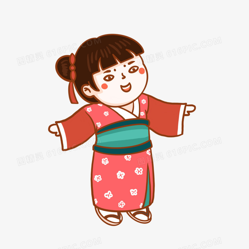 手绘卡通日本女孩穿和服形象元素