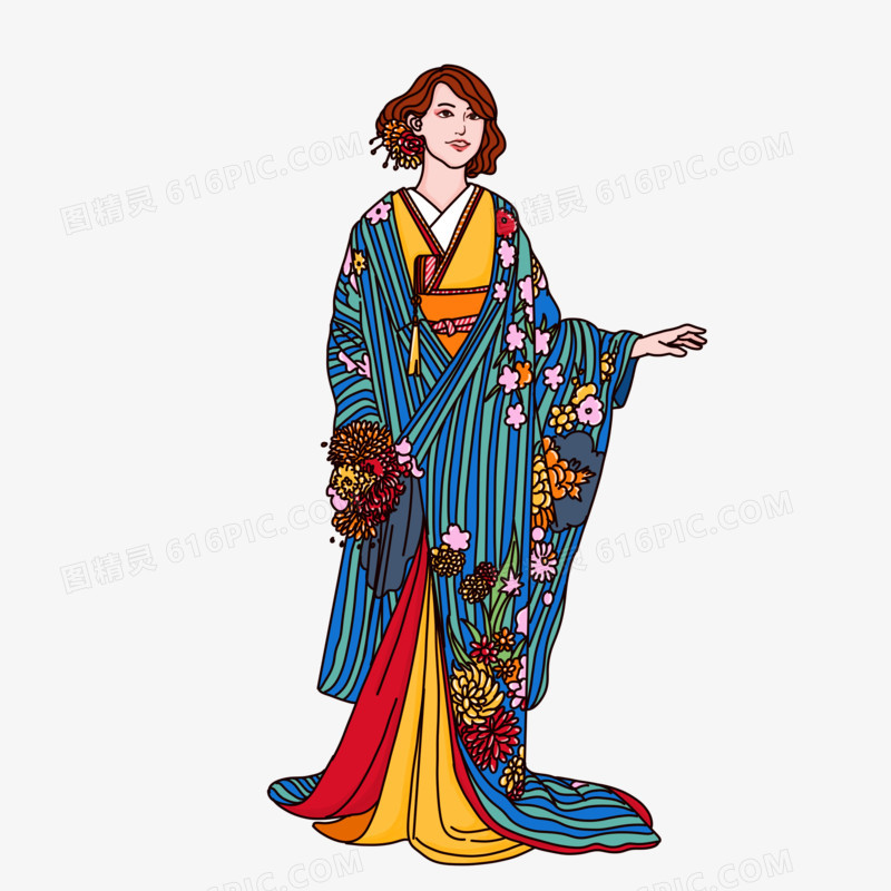 手绘写实卡通日本穿和服的女性免抠元素