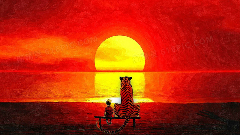 海面太阳花老虎和男孩海报背景