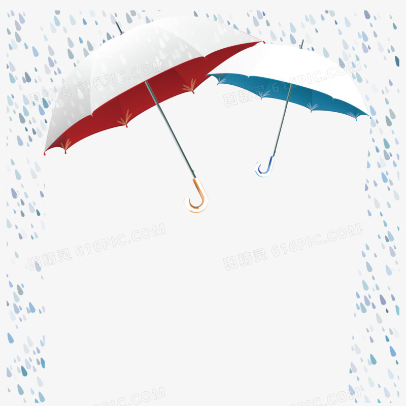 下雨天红色的雨伞和蓝色的雨伞