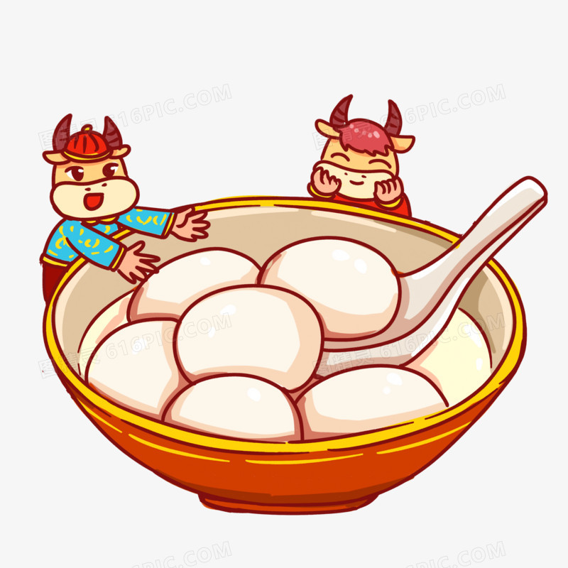 卡通手绘小牛元宵节吃汤圆场景素材
