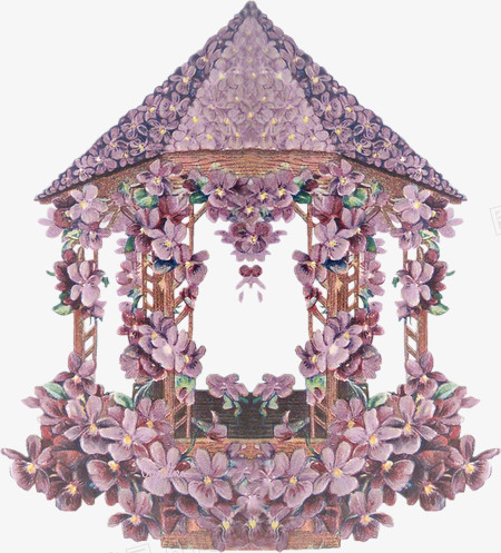 复古素材手绘花 紫色花朵装饰小亭子