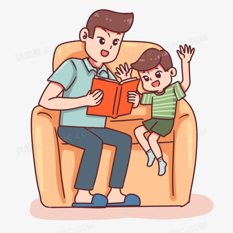 手绘卡通父子关系亲子阅读场景素材
