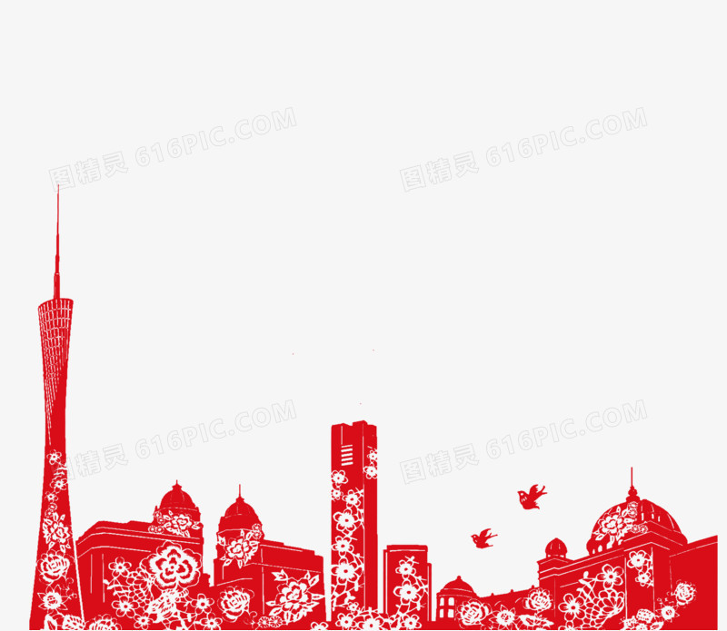 红色剪纸城市建筑