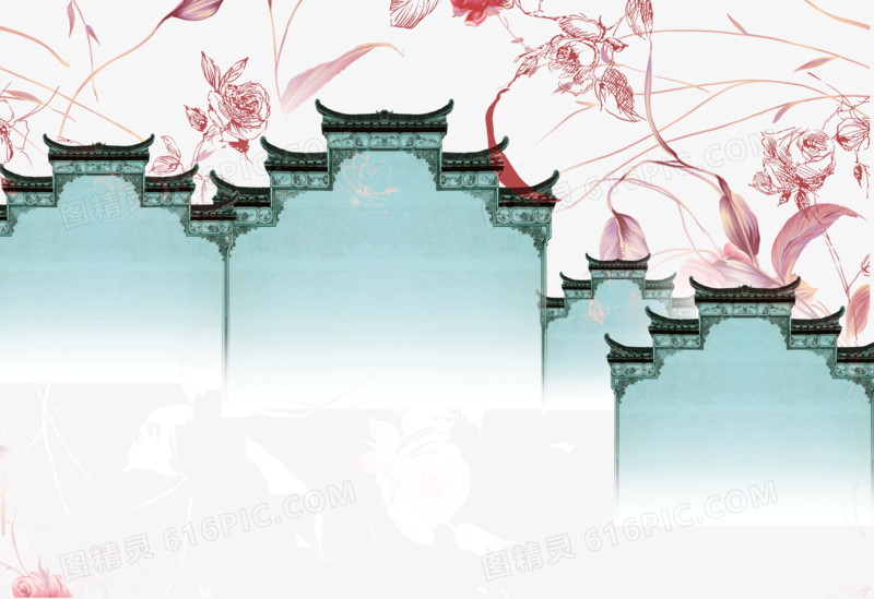 中国风 复古 房屋边框 花 花卉 屋檐 装饰图案