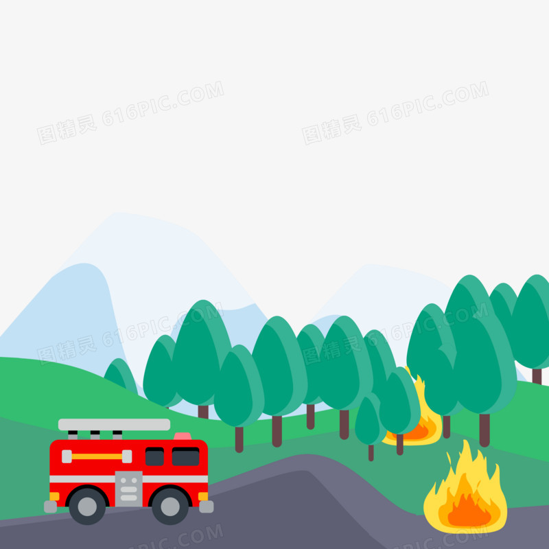 卡通手绘森林山火消防素材
