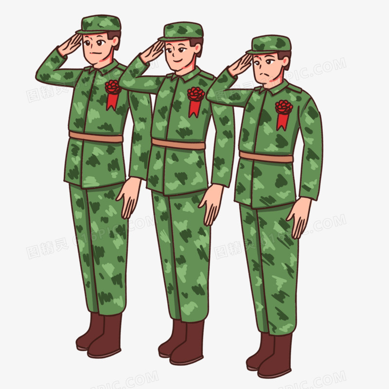卡通手绘军人入伍退伍敬礼场景素材