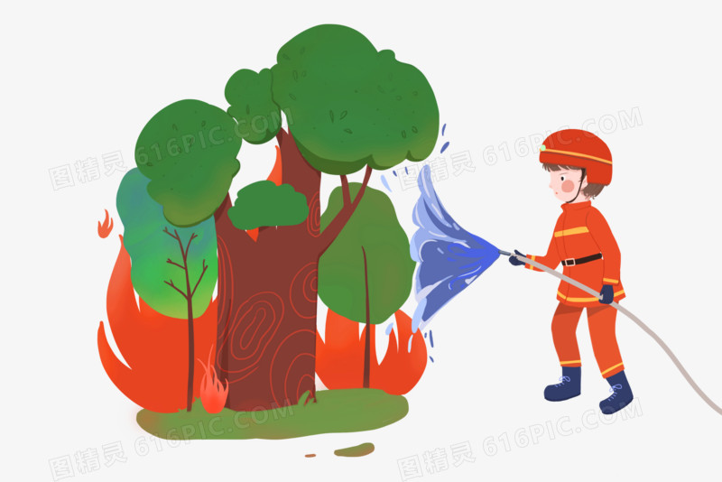 卡通手绘森林植物消防员森林防火免抠素材