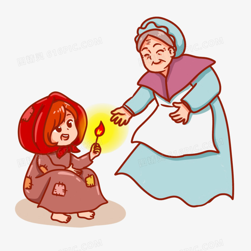 卡通手绘小女孩点火见到奶奶免抠素材
