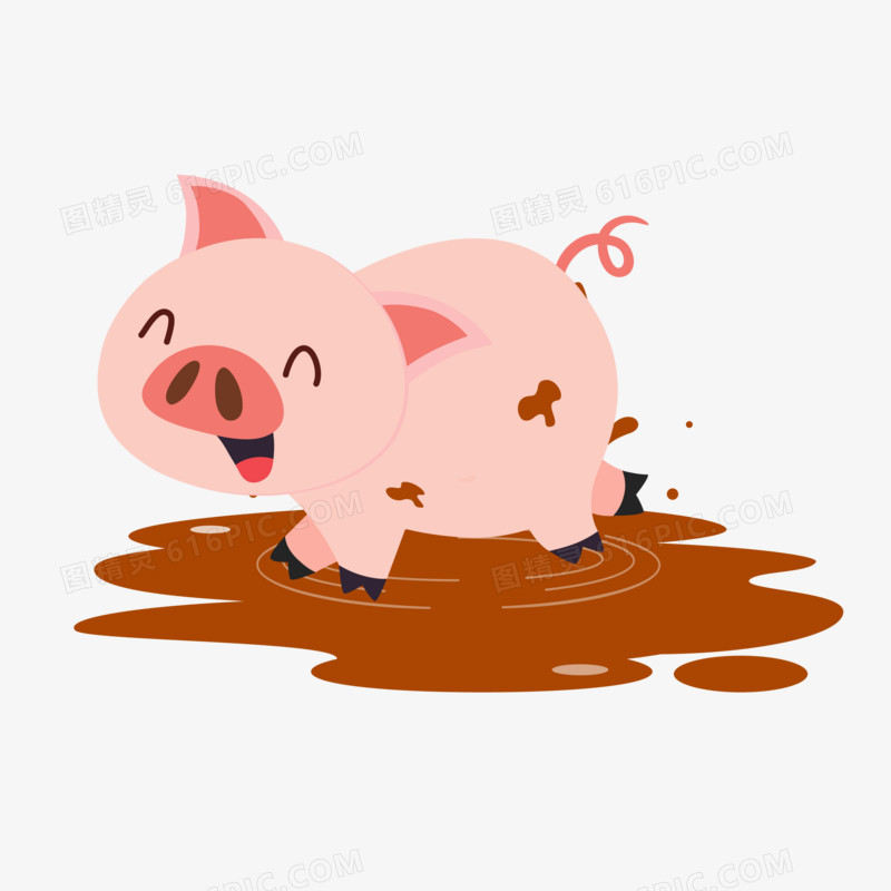 卡通手绘小猪在泥潭玩耍素材