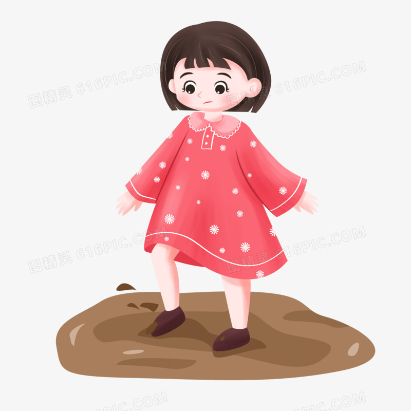 卡通手绘女孩踩到泥坑免抠素材