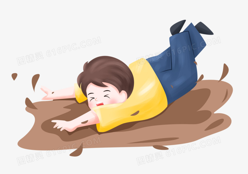 手绘卡通在泥潭里摔倒的男孩子