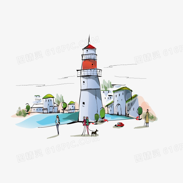 手绘城市建筑 插画 手绘 海边 灯塔