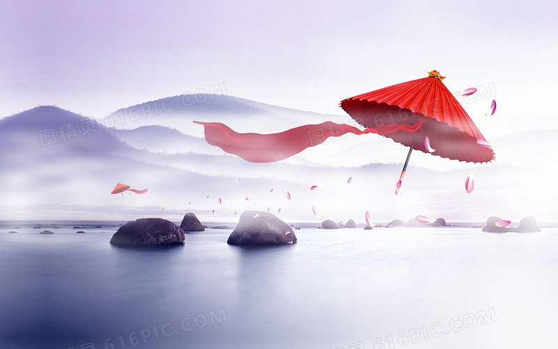 唯美中国风意境红伞山水画