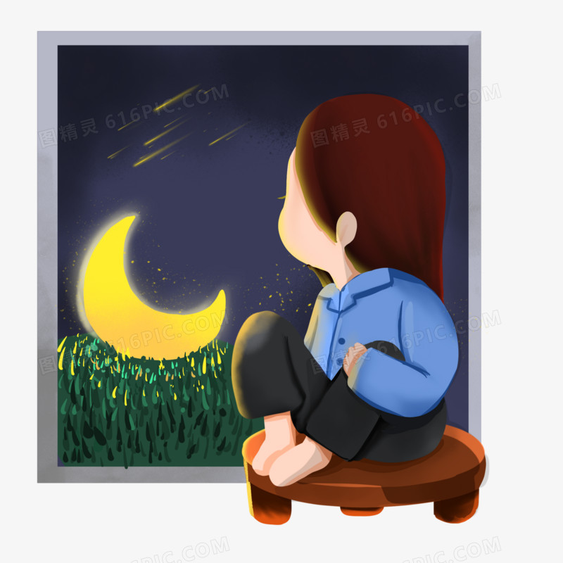 卡通手绘女孩孤独望月场景元素