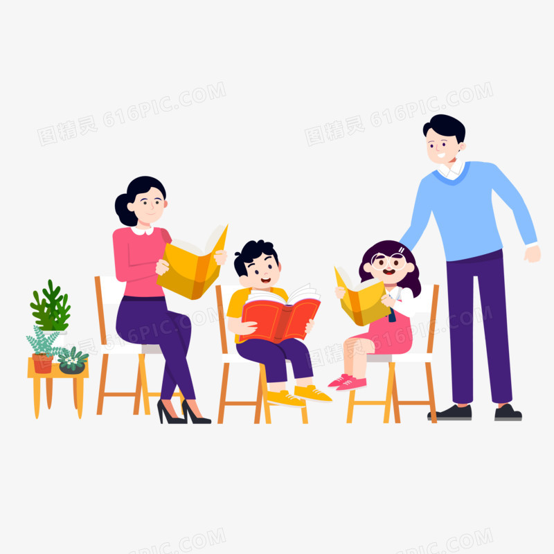 卡通手绘一家人一起看书阅读免抠素材