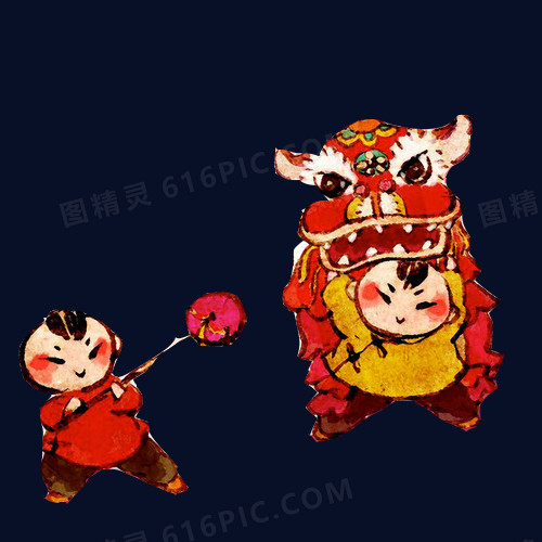 春节双人舞狮水彩画