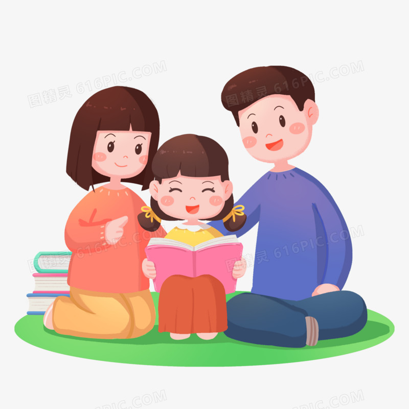 卡通手绘父母陪孩子一起看书元素