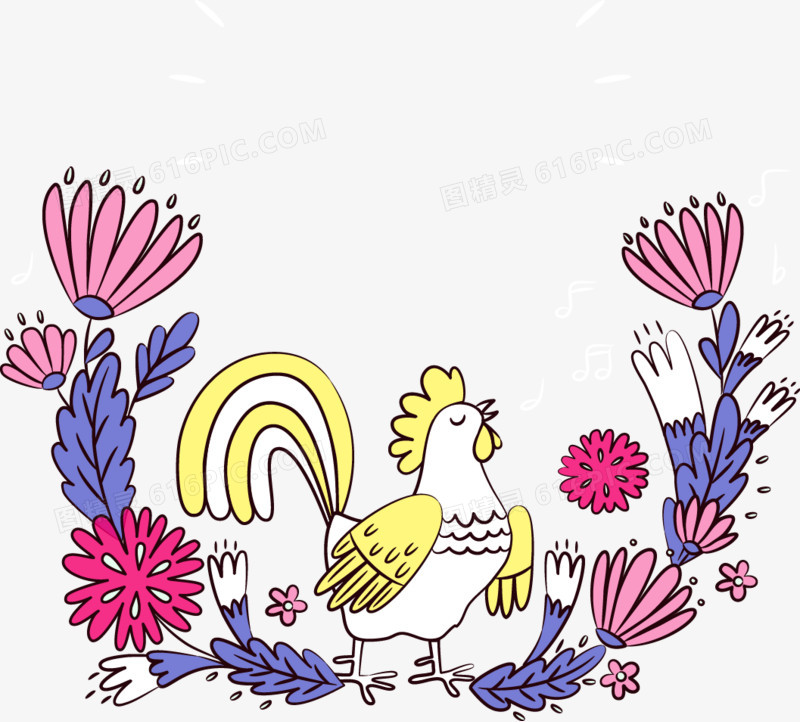 卡通矢量公鸡紫色花朵装饰元素