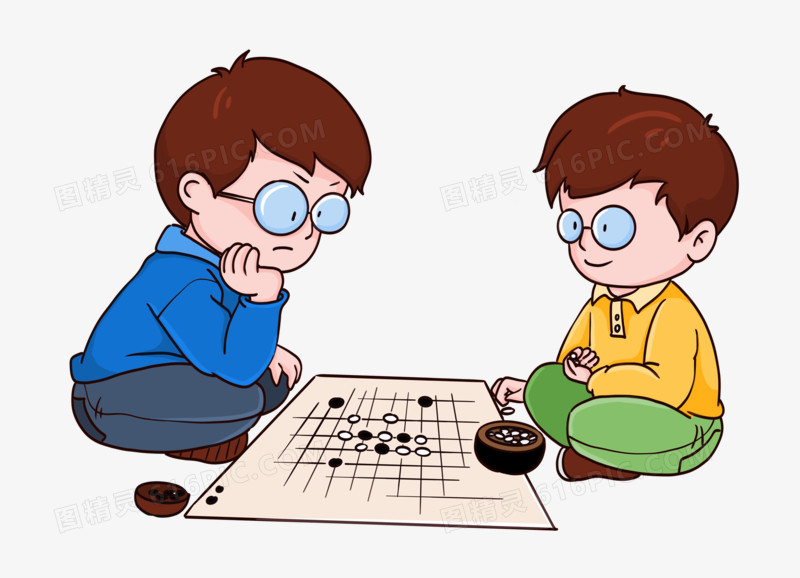 手绘做着下围棋的少年免抠元素