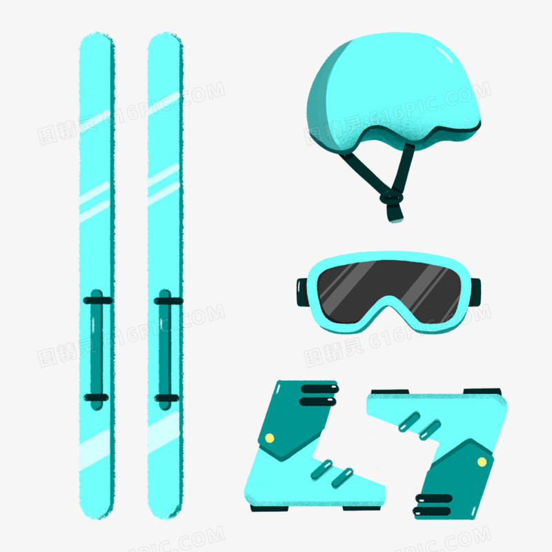 卡通手绘青色滑雪装备免抠元素