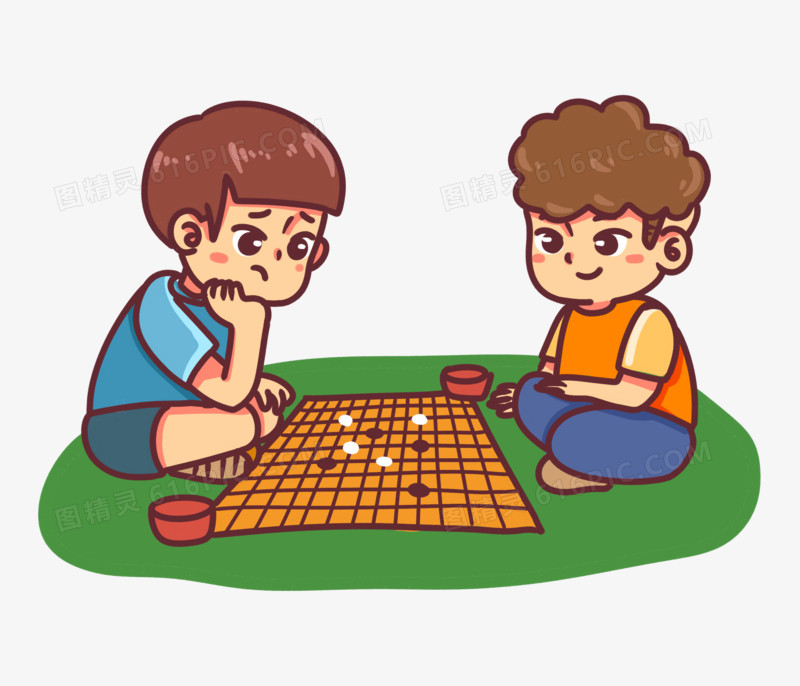 卡通手绘儿童下围棋场景素材