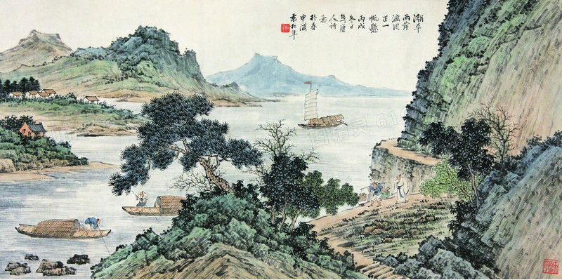 中国风中国画山下河流