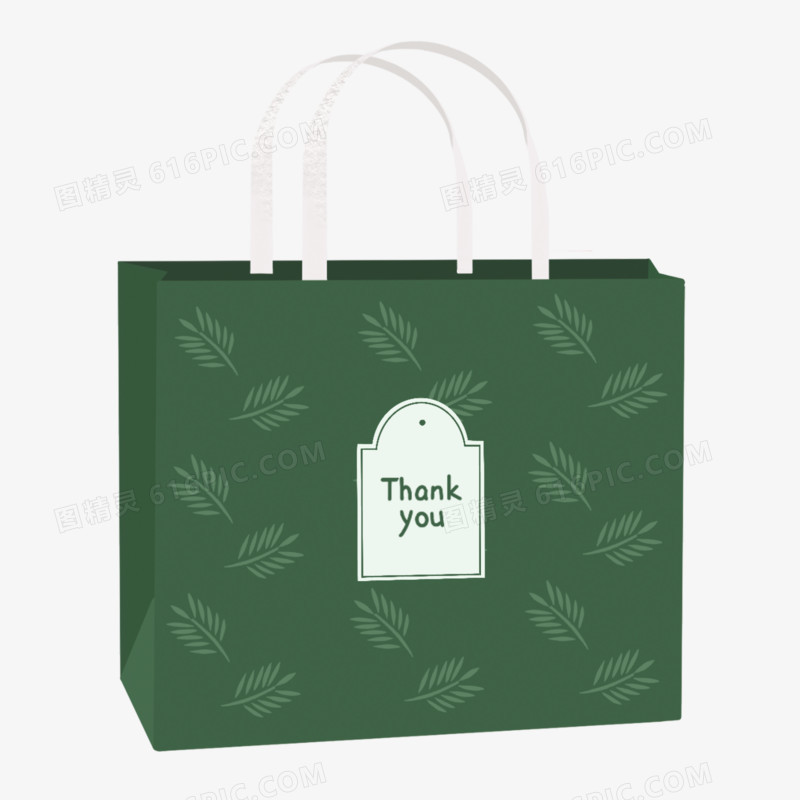 卡通手绘绿色植物绿叶手提袋元素
