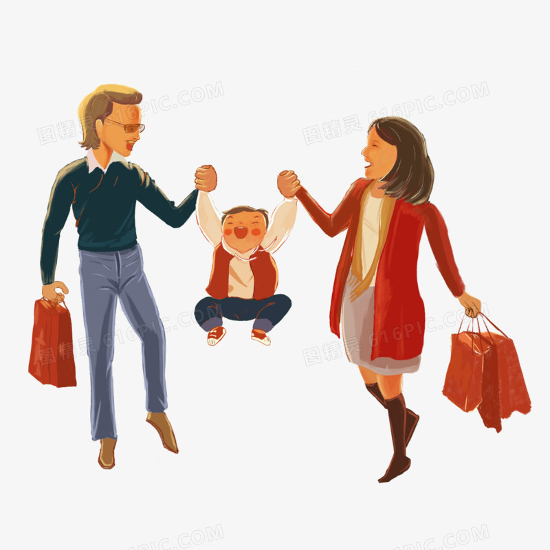 卡通手绘一家人购物免抠场景