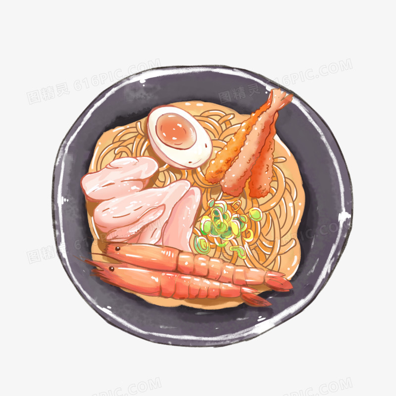 卡通手绘面条虾肉汤免抠元素