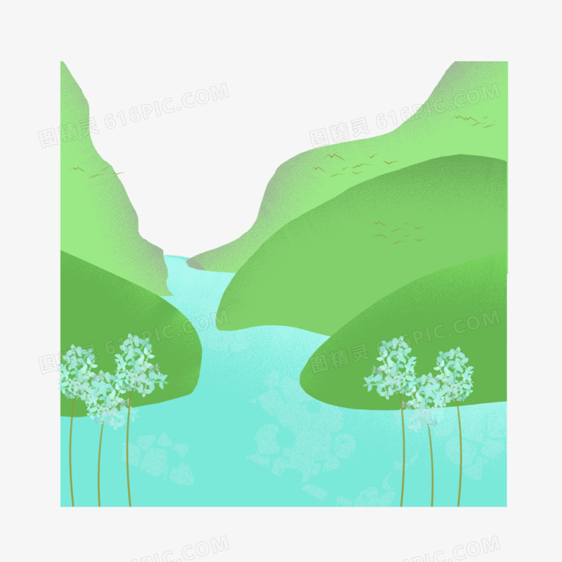 手绘卡通大自然绿色山川元素