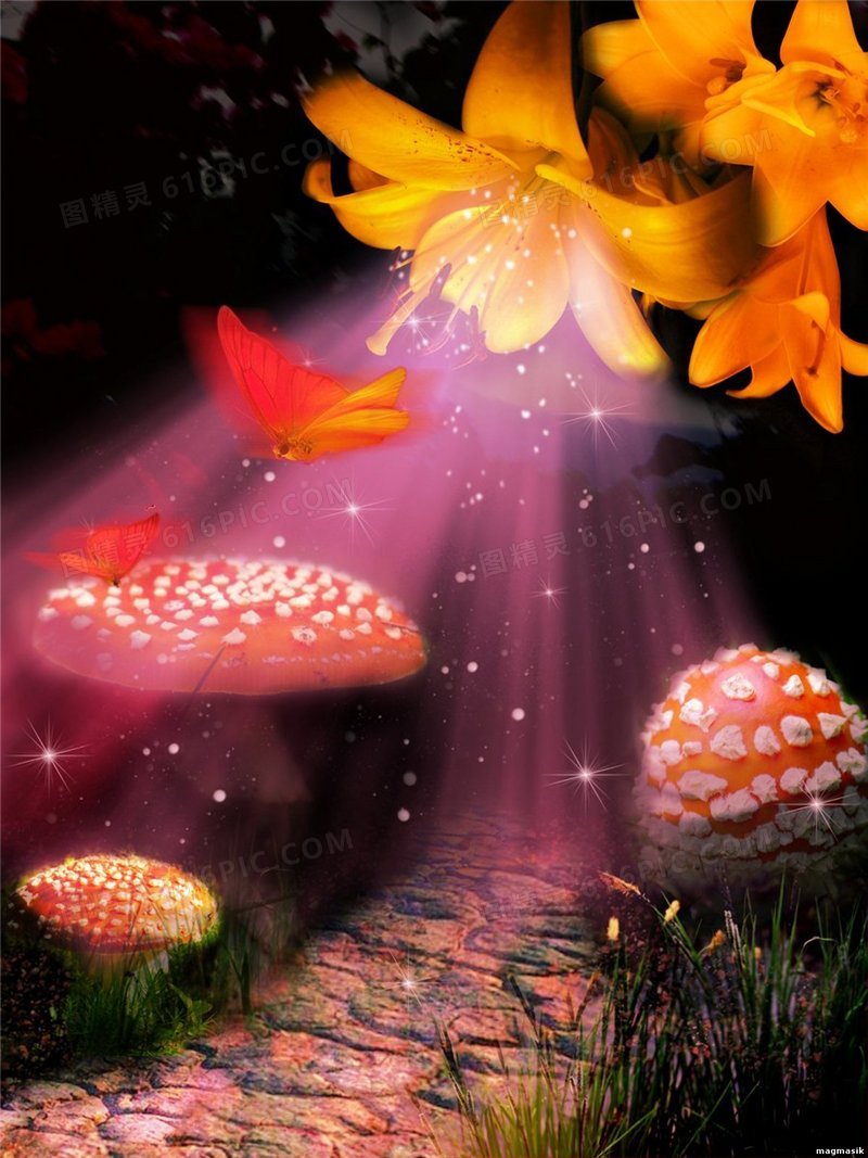 梦幻百合星光蘑菇蝴蝶海报背景