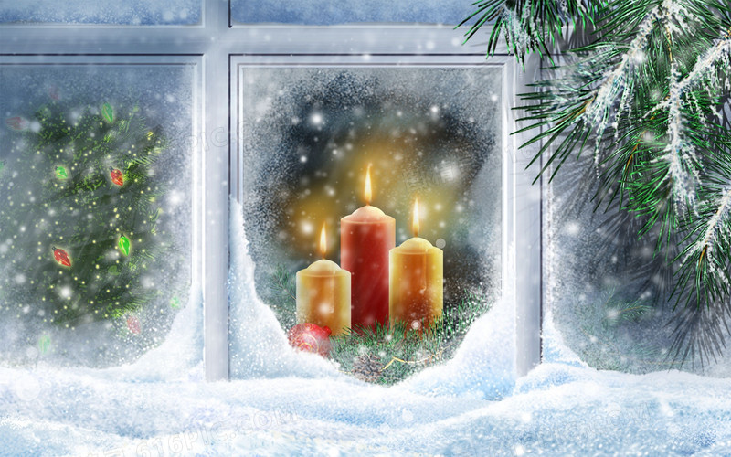 冬季窗户里的蜡烛圣诞节海报背景