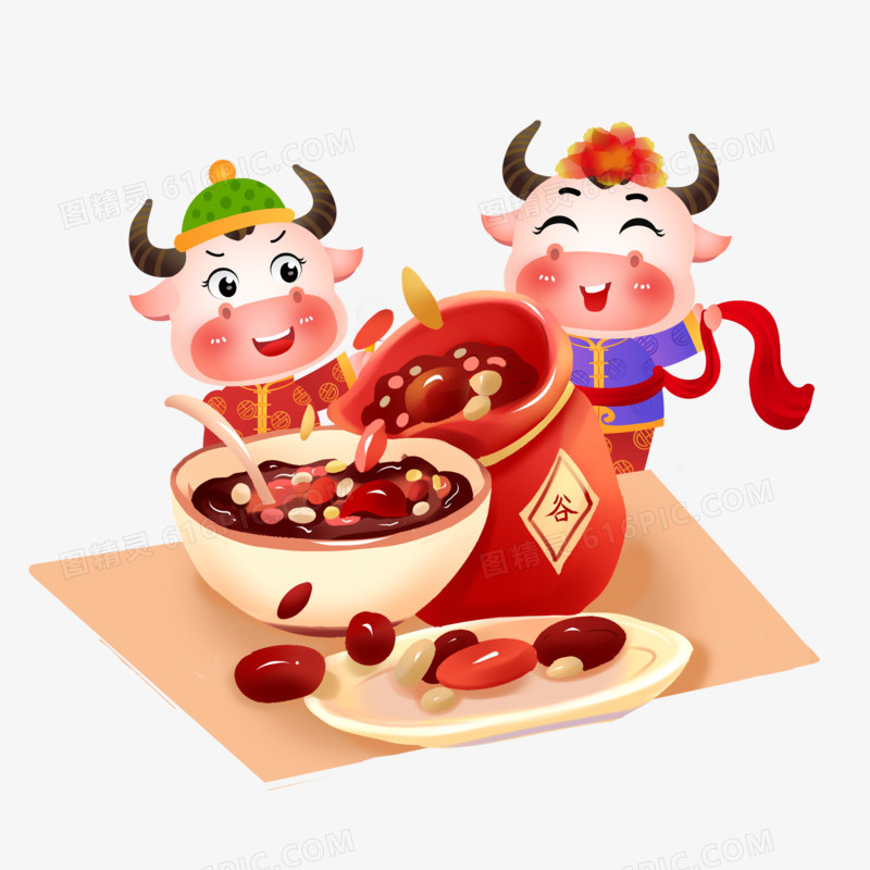 新年牛年腊八节中国年腊八粥和小牛元素