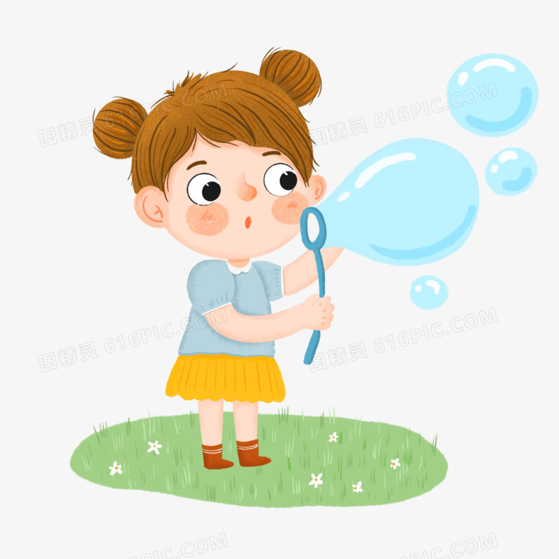 手绘卡通在草地上吹泡泡的女孩插画元素