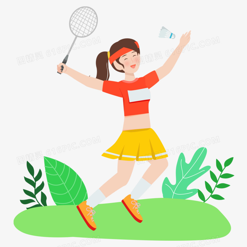 卡通手绘打羽毛球女运动员矢量元素