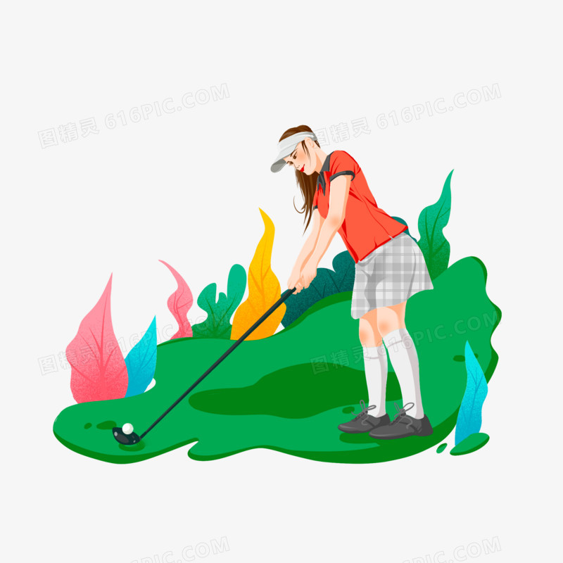 卡通手绘打高尔夫的女生免抠元素