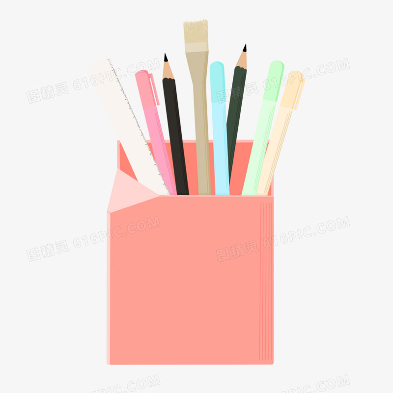 手绘卡通学习文具用品粉色笔筒元素