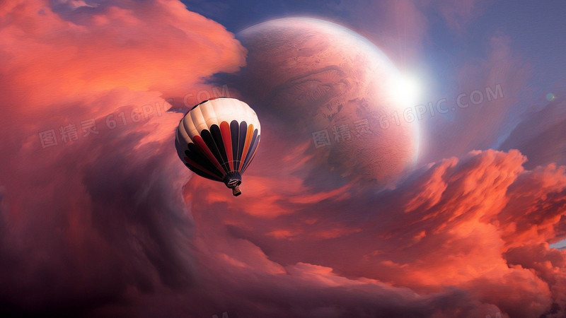 红色翻滚的云层月亮热气球海报背景