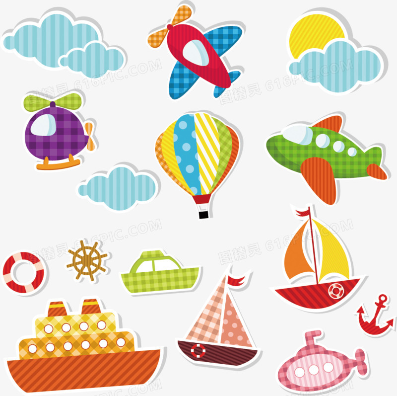 卡通手绘飞机热气球帆船轮船潜水艇云朵