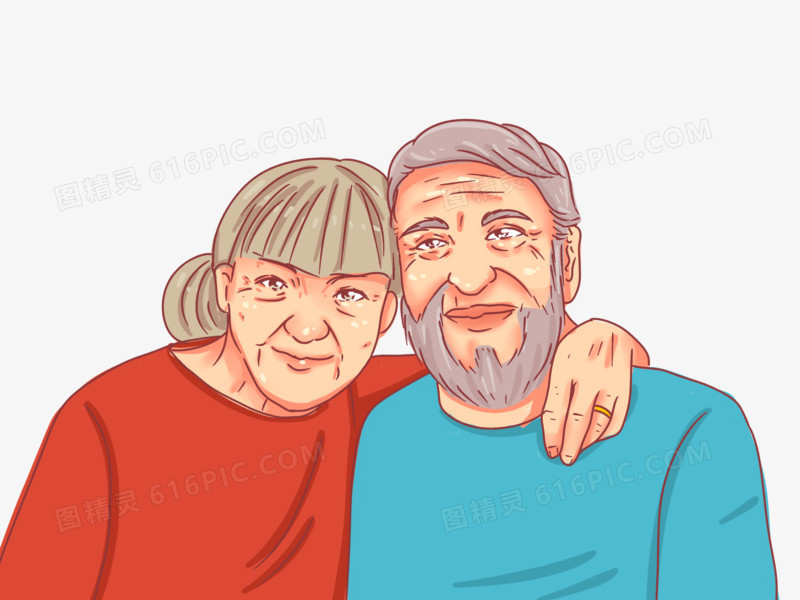 卡通手绘老年夫妻合影皱纹素材