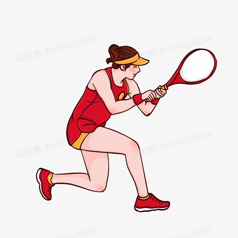 手绘卡通打网球女选手免抠元素