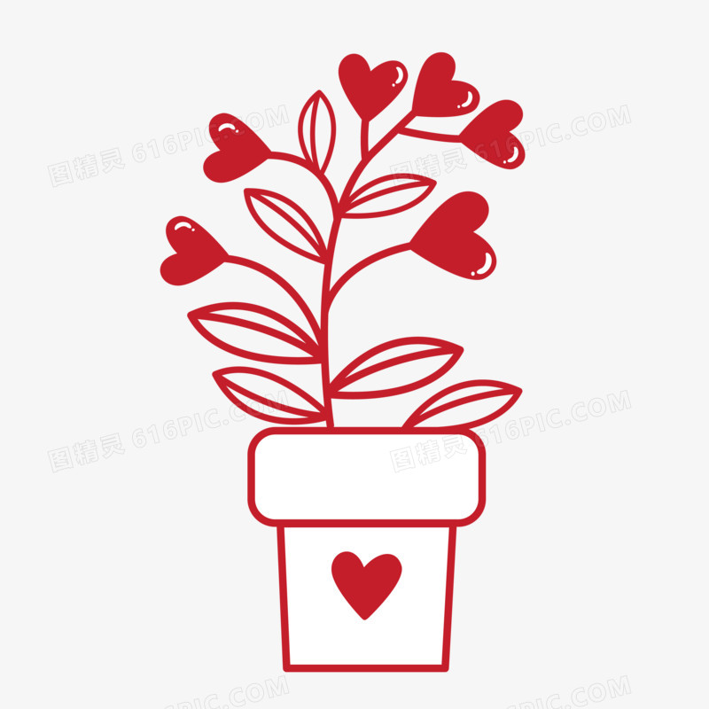 红色爱心植物盆栽免抠装饰元素