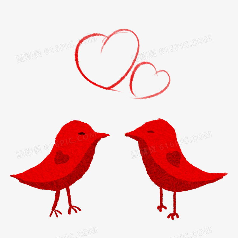 红色手绘一对象征爱情的鸟儿免抠元素