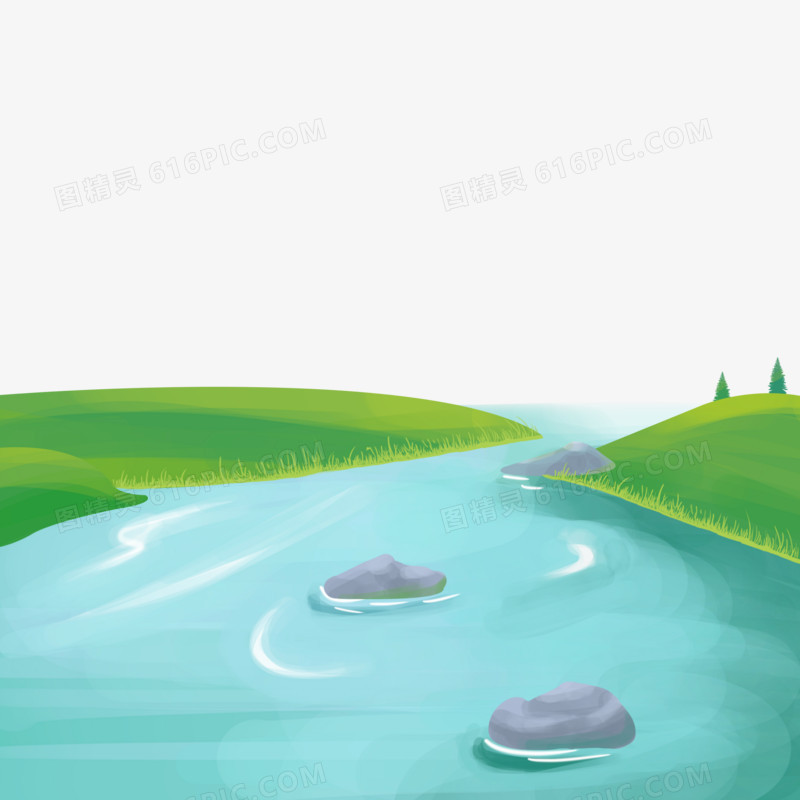 手绘水彩山川河流元素