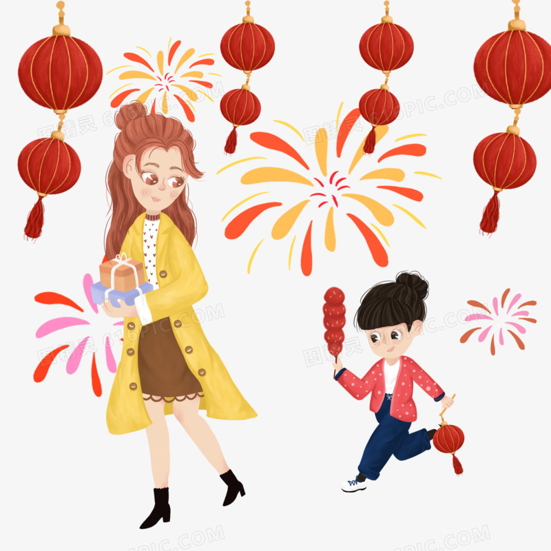 卡通手绘母子新年光逛街免抠元素