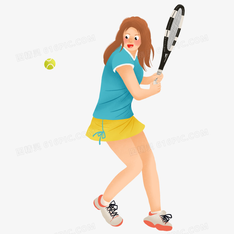 卡通手绘女生打网球免抠元素