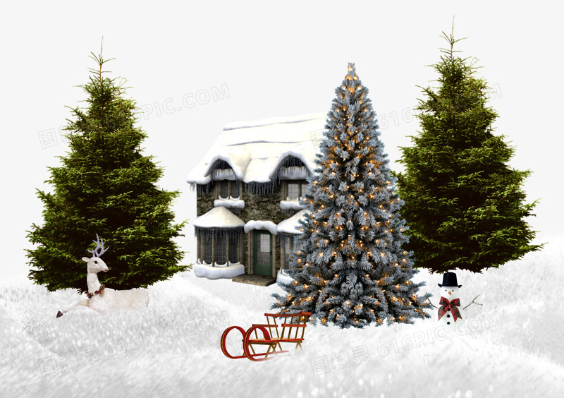 雪地里的房子和松树