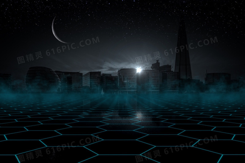 黑夜城市月亮网格科技
