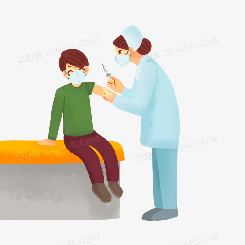 手绘卡通护士注射疫苗场景素材
